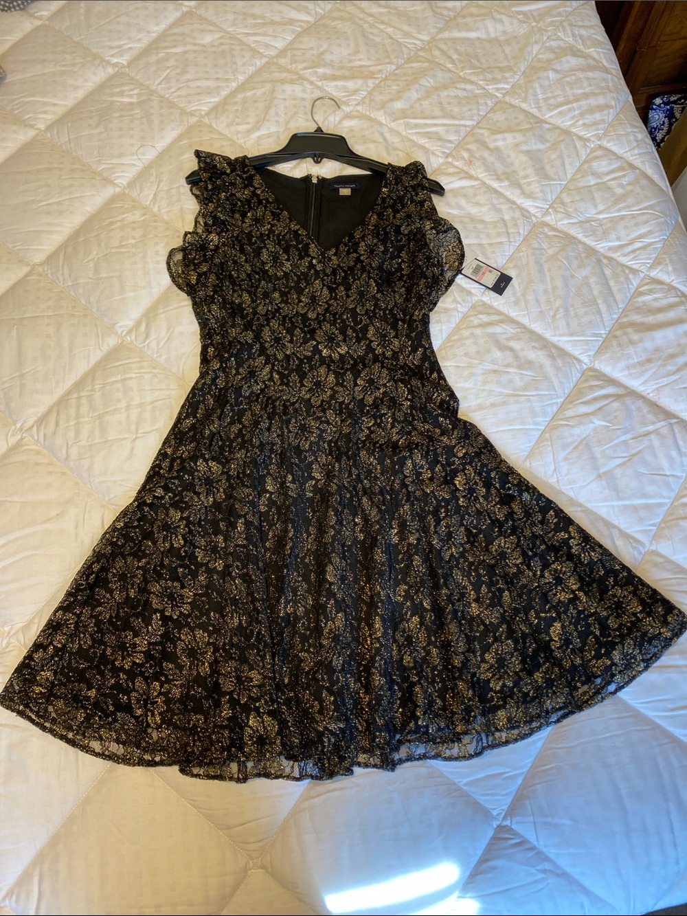 Tommy Hilfiger Black Dress with Gold Floral Lace Overlay